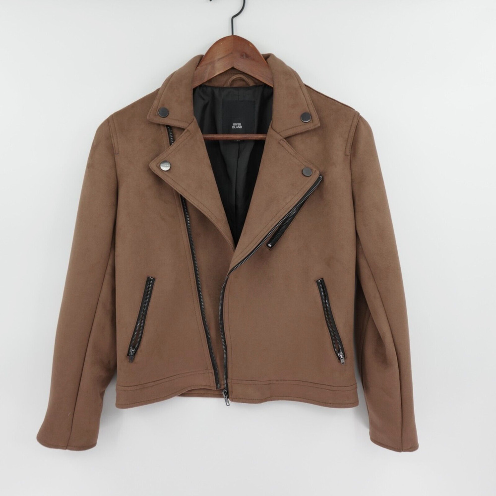 Girls Biker Jacket Medium 11‎ yrs Brown Vegan Suede Motorcycle Retro 80s